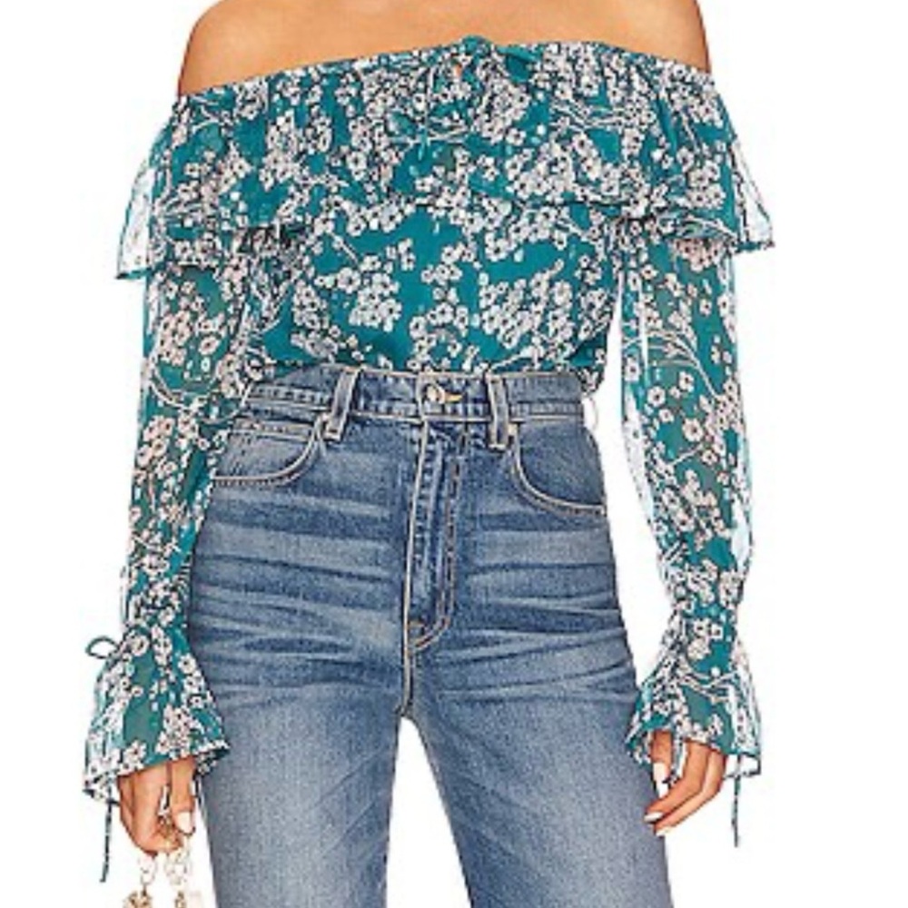 House of Harlow 1960 Teal Floral Off-Shoulder Blouse